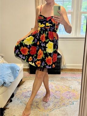 Anthropologie Black Floral Sundress with Red, Yellow & Purple Blooms